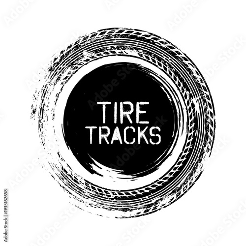 Grunge circle tire track, wheel braking mark. Truck, car or motorcycle tread pattern silhouettes. Auto race, motorsport, speed racing design element. Vector illustration