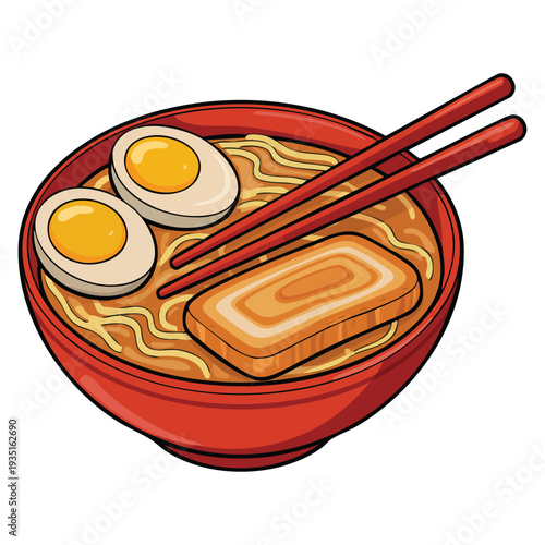 Bowl of ramen with toppings in colorful vector illustration style, detailed food design ideal for menu and culinary projects