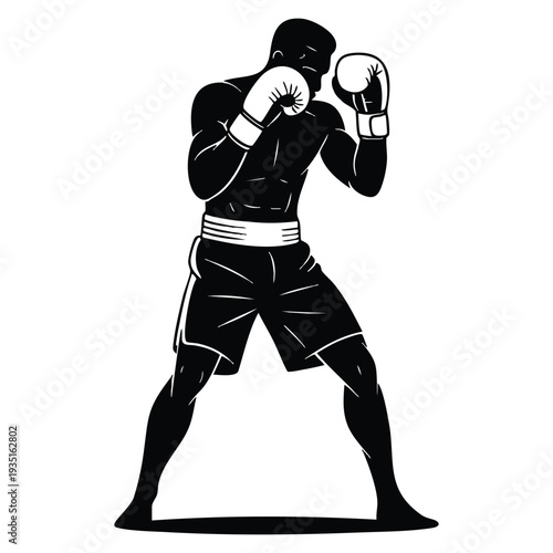 Boxer in ready stance with gloves professional fighter silhouette prepared for match combat sports athlete strong dynamic illustration