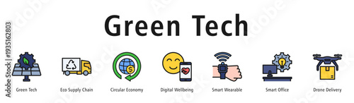 Green Tech web banner icon vector illustration concept with icon of green tech, eco supply chain, circular economy, digital wellbeing, smart wearable, smart office, and drone delivery.
