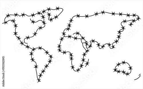 Barbed Wire World Map Outline on White Background Conceptual