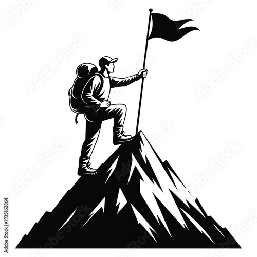 Brave man hiker planting a flag on rocky mountain top vector illustration symbolizing victory adventure determination and success concept artwork