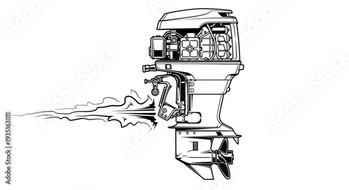 Detailed illustration of an outboard motor, showing its intricate design and components.
