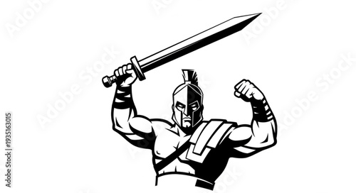 Spartan warrior raises sword victoriously, powerful figure in ancient armor, ready for battle.