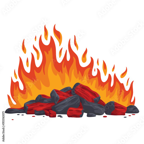 Bright flame fire on burning coal heap realistic closeup vector illustration suitable for grill blaze fireplace hot carbon glowing charcoal