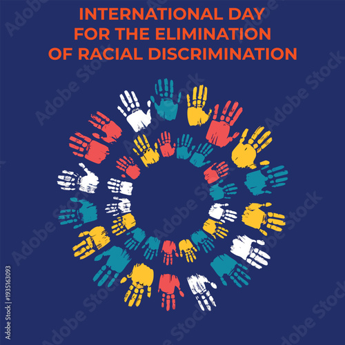 International day for elimination of racial discrimination poster featuring colorful handprints in circular pattern on dark blue background texture