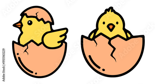 Cute Yellow Chicks Hatching from Egg Shells Illustration Set