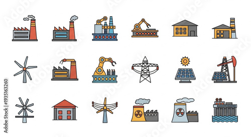 Collection of industrial and energy production icons.