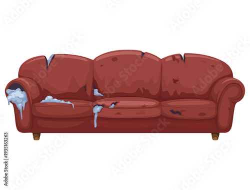 Broken sofa icon torn old couche for living room isolated on white background damaged indoor old furniture messy seat vector cartoon style