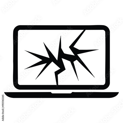 Broken laptop icon with cracked screen symbol for damaged computer error crash problem or hardware failure needing repair service illustration