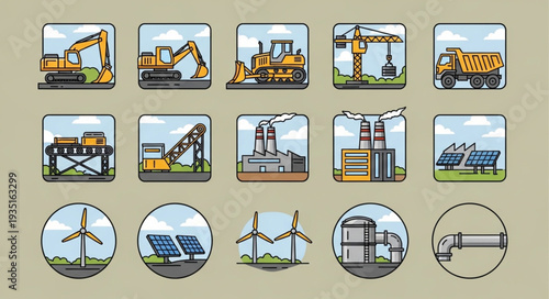Construction and Industrial Equipment Icons Set.
