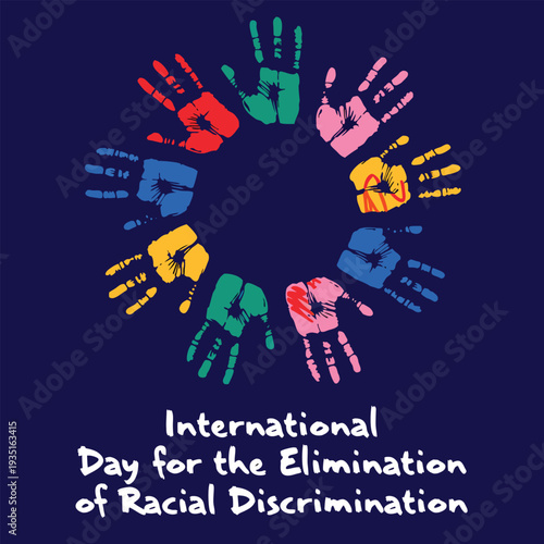 International day for elimination of racial discrimination, diverse hands in circle, representing unity, equality, and human rights