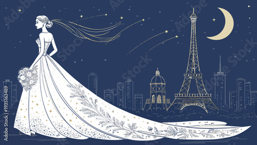 Elegant bride in Parisian cityscape at night with Eiffel Tower