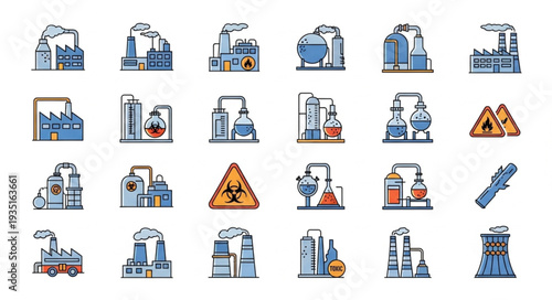 Collection of industrial factory and chemical laboratory icons.