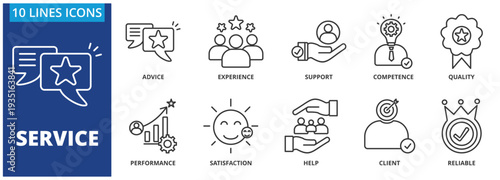 Service icon vector illustration concept. Icon pack contain Advice, experience, support, competence, quality, performance, satisfaction, help, Client, reliable.