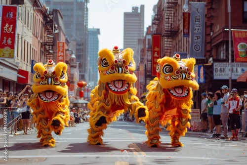 Lion dance performers celebrating lunar new year in chinatown