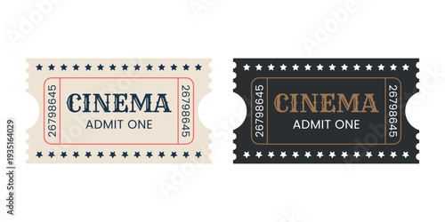 Ticket Cinema, Star borders. Beige and Black color. Admit One. Vector isolated on a white background.