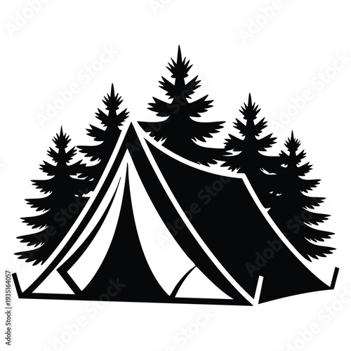 Camping tent in pine forest silhouette outdoor adventure travel and tourism logo vector illustration for hiking and wilderness exploration