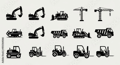 Collection of construction vehicle silhouettes for design.