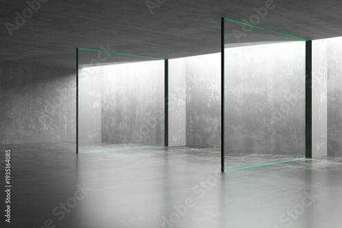 Minimalist concrete interior with glass frame dividers and subtle teal neon edges for architectural background and modern design .3d render