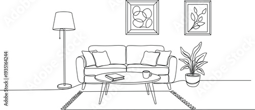 Modern Living Room Interior with Sofa, Coffee Table, Floor Lamp and Plant Line Art Vector Illustration