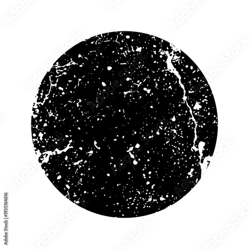 Grunge round shape with stains and scratches. Circle brush stroke, design element. Distressed dirty text frame, border, sticker or label. Paintbrush, ink stains. Vector illustration