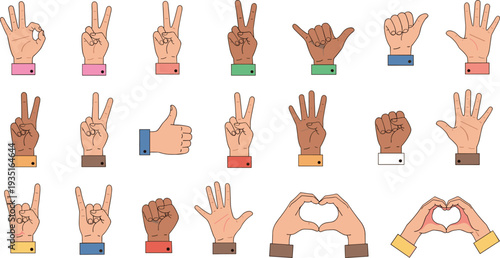 Hand Gesture Collection with Thumbs Up Peace Sign OK Symbol Heart Shape and Counting Fingers Isolated Flat Human Hands Vector Illustration Set