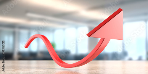 Red upward curved arrow symbolizing business growth and recovery for presentation background and banner design.3d render