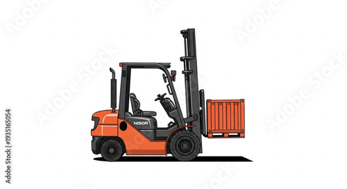 Orange Forklift Truck Lifting Shipping Container on White Background.