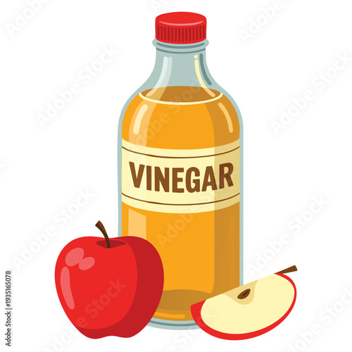 Cartoon flat icon red apple and bottle of vinegar vector illustration isolated on white background ideal for healthy food and kitchen ingredient concept