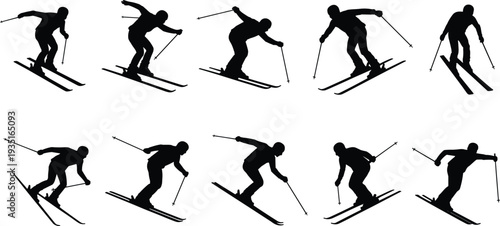 PrintSkier silhouettes sequence, winter sports illustration, skiing motion artwork, athlete vector design, downhill ski pattern, snow sport background, dynamic movement decoration
