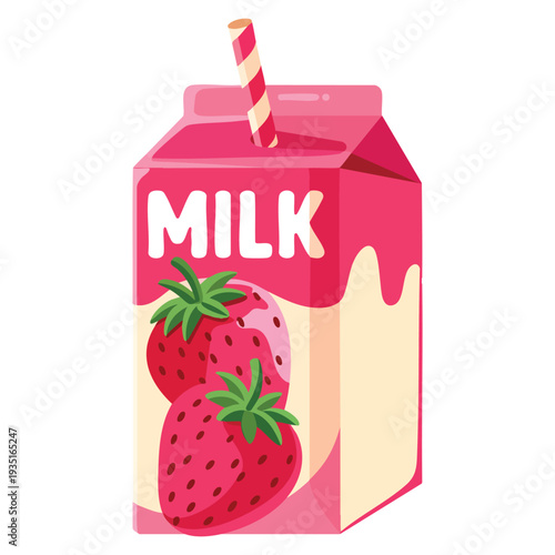 Cartoon hand drawing cute strawberry milk in pink box suitable for sticker icon beverage packaging kids menu and playful drink themed design