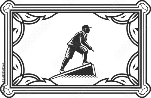 Classic 19th Century Certificate Frame with Decorative Corner Embellishments and Straight Ruled Border Lines, High Detail Minimal Shading Engraved Style