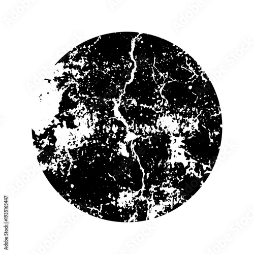 Grunge round shape with stains and scratches. Circle brush stroke, design element. Distressed dirty text frame, border, sticker or label. Paintbrush, ink stains. Vector illustration