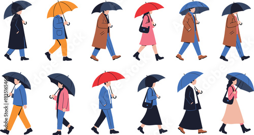 People Walking with Umbrellas Collection Rainy Weather Characters in Coats Holding Umbrellas Isolated Flat Urban Lifestyle Vector Illustration Set