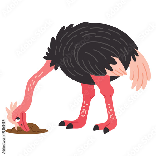 Cartoon ostrich buried head in sand illustration representing funny animal character, humor theme and wildlife inspired design