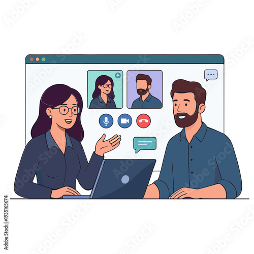 Two colleagues engage in a video conference call on laptop in office