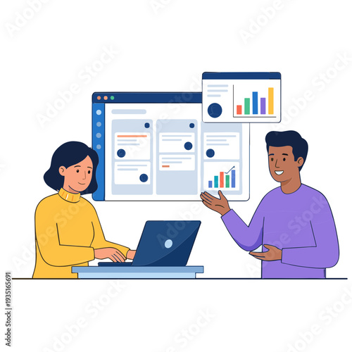 Two people analyzing data on a laptop and discussing graphs