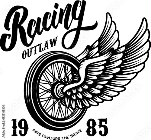 A vintage motorcycle racing emblem featuring a spoked wheel with majestic spread wings, stylized "Outlaw Racing" script, and the motto "Fate Favours The Brave."