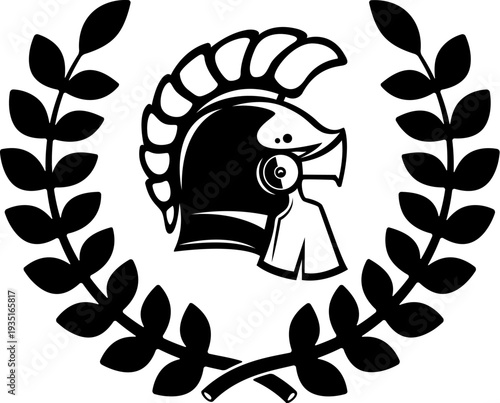 A black and white vector illustration of a Spartan or Greek warrior helmet enclosed in a laurel wreath. A powerful minimalist silhouette for sports or security logos.