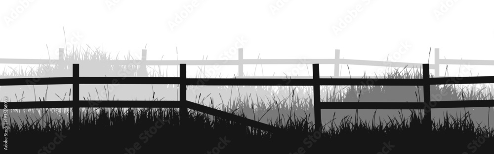 Naklejka premium Meadow silhouettes with grass and old wooden fence. Countryside, panoramic summer lawn rural landscape with herbs, weeds. Herbal border, frame element. Black horizontal banners. Vector illustration