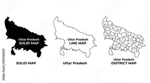 Uttar Pradesh Map Collection: Solid, Line, and District Outline Vector Maps of India's Most Populous State for Geography & Data Visualization