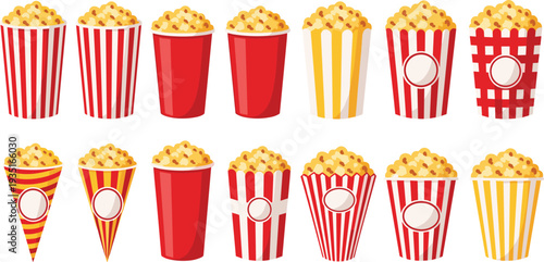 Popcorn Bucket Collection with Striped Cinema Boxes and Cups Filled with Popcorn Movie Snack Containers Isolated Flat Vector Illustration Set
