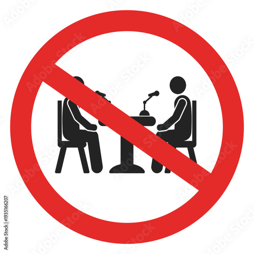 Isolated illustration of a sign prohibiting interviews or podcasts. No interviews allowed.