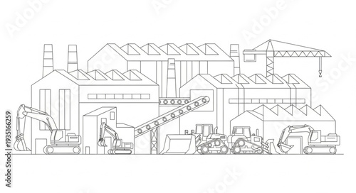 Industrial complex with heavy machinery and silos.