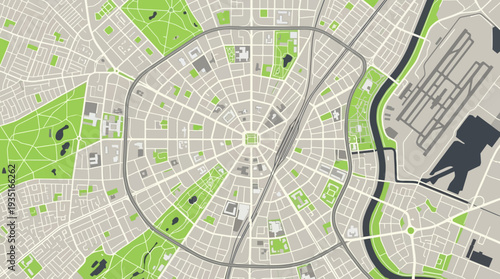Overhead Vector City Map Illustration with Urban Streets, Parks, River, and Airport. Minimalist Navigation & Planning Design.