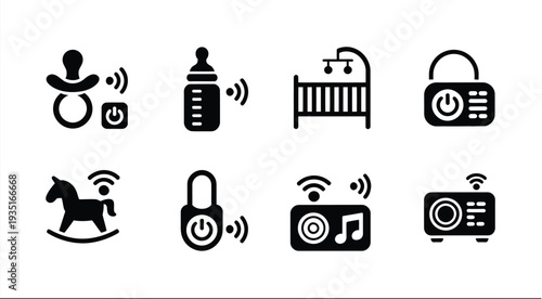 Infant Items and Baby Monitor Silhouette Icon Set