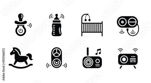 Baby Care and Monitoring Icons – Black Silhouette Vector