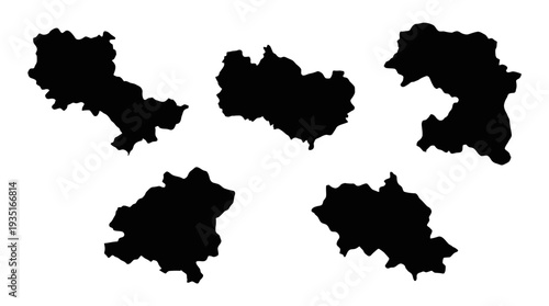 Abstract Black Map Shapes and Geographic Region Silhouettes on White Background for Data Visualization and Design