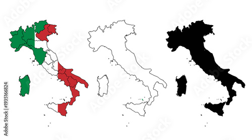Italy Map Collection: Flag Regions, Outline, and Black Silhouette with Shadow